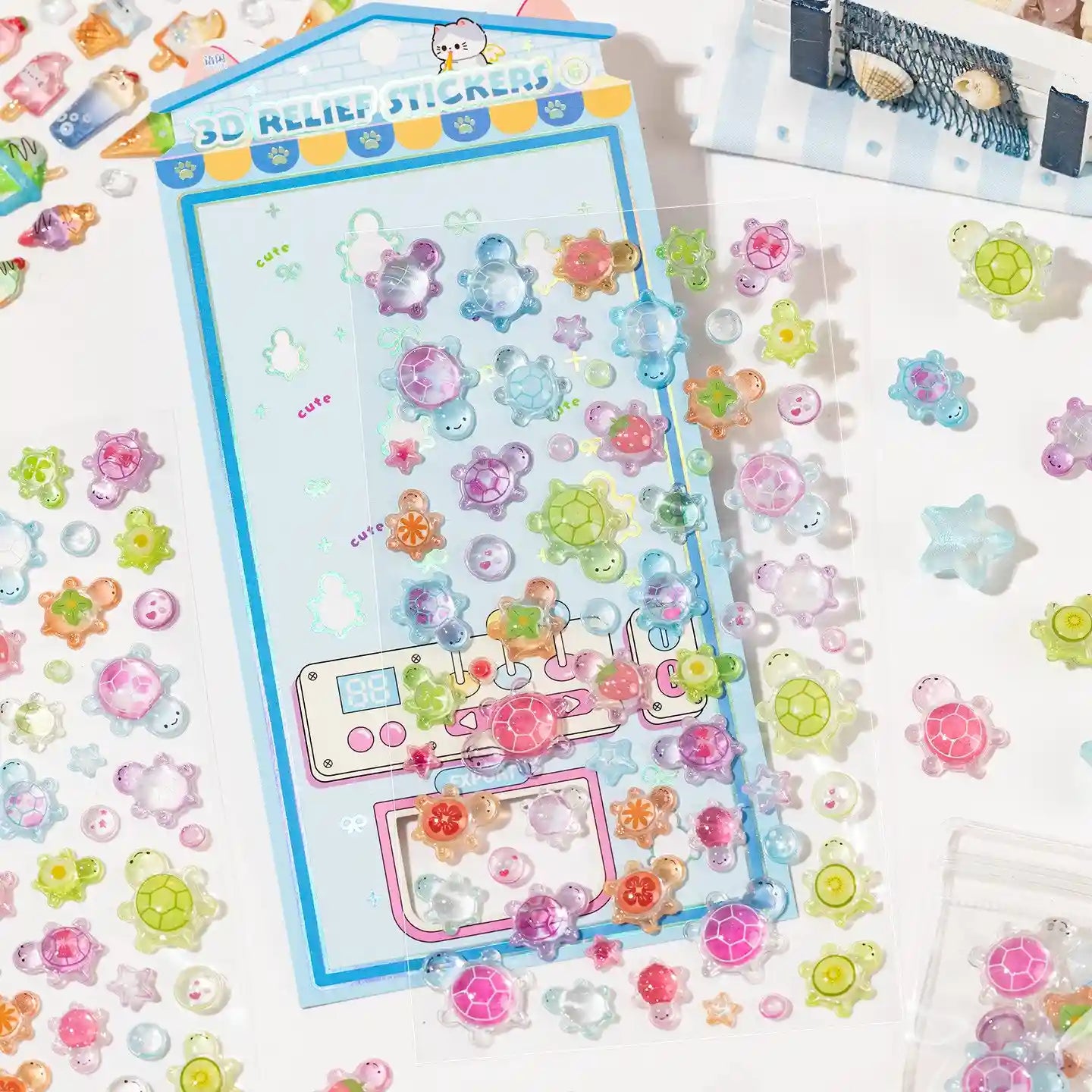 A sheet of 3D relief stickers featuring colorful, translucent jelly-textured sea turtles and stars for DIY crafting.