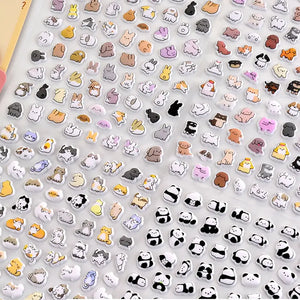 Mini Animal Seal 3D bubble sticker sheet with cat & hamster patterns, pink gradient background, PVC self-adhesive, size 200×95mm	