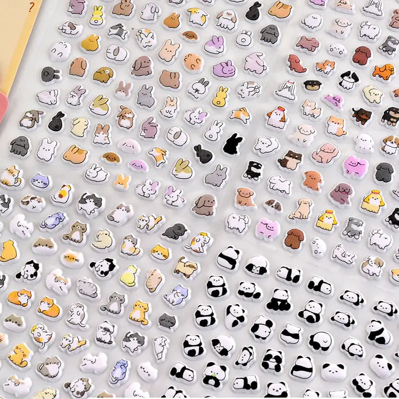 Mini Animal Seal 3D bubble sticker sheet with cat & hamster patterns, pink gradient background, PVC self-adhesive, size 200×95mm	
