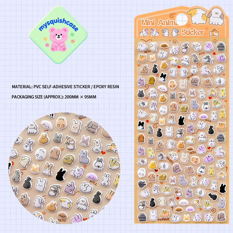 Mini Animal Seal 3D bubble sticker sheet with corgi & cat patterns, orange gradient background, PVC self-adhesive, size 200×95mm	