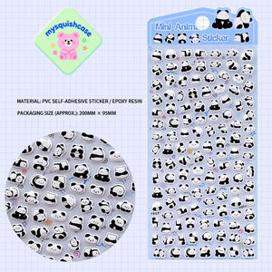 Mini Animal Seal 3D bubble sticker sheet with panda & bear patterns, blue gradient background, PVC self-adhesive, size 200×95mm	