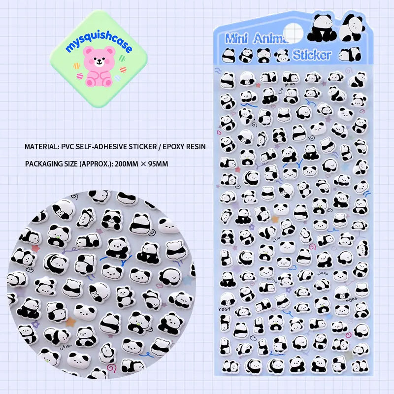 Mini Animal Seal 3D bubble sticker sheet with panda & bear patterns, blue gradient background, PVC self-adhesive, size 200×95mm	