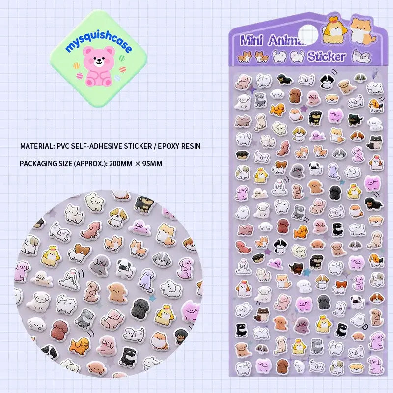 Mini Animal Seal 3D bubble sticker sheet with rabbit & panda patterns, purple gradient background, PVC self-adhesive, size 200×95mm	