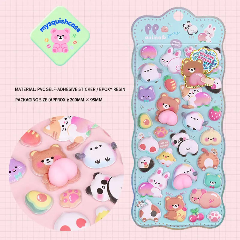 3D embossed bubble sticker sheet with cute animal party patterns (bear, panda, rabbit) with peach butt design, light blue background, PVC self-adhesive, size 200×95mm