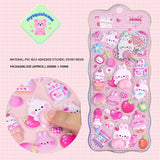 3D embossed bubble sticker sheet with cute rabbit party patterns with peach butt design, pink background, PVC self-adhesive, size 200×95mm