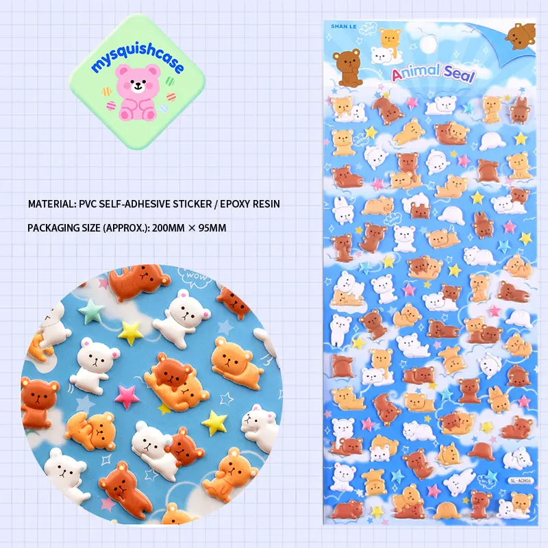SHAN LE Animal Seal 3D crystal sticker sheet with bear & star designs, blue sky background, PVC self-adhesive, size 200×95mm	