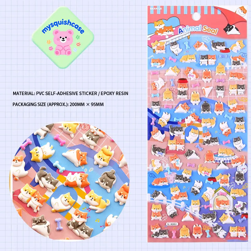 SHAN LE Animal Seal 3D crystal sticker sheet with corgi dog & bone designs, colorful background, PVC self-adhesive, size 200×95mm	