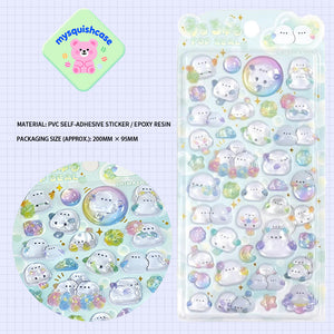 Adorable iridescent cloud creature themed 3D epoxy stickers perfect for DIY phone cases and crafts. High-quality self-adhesive kawaii stickers for personalization!