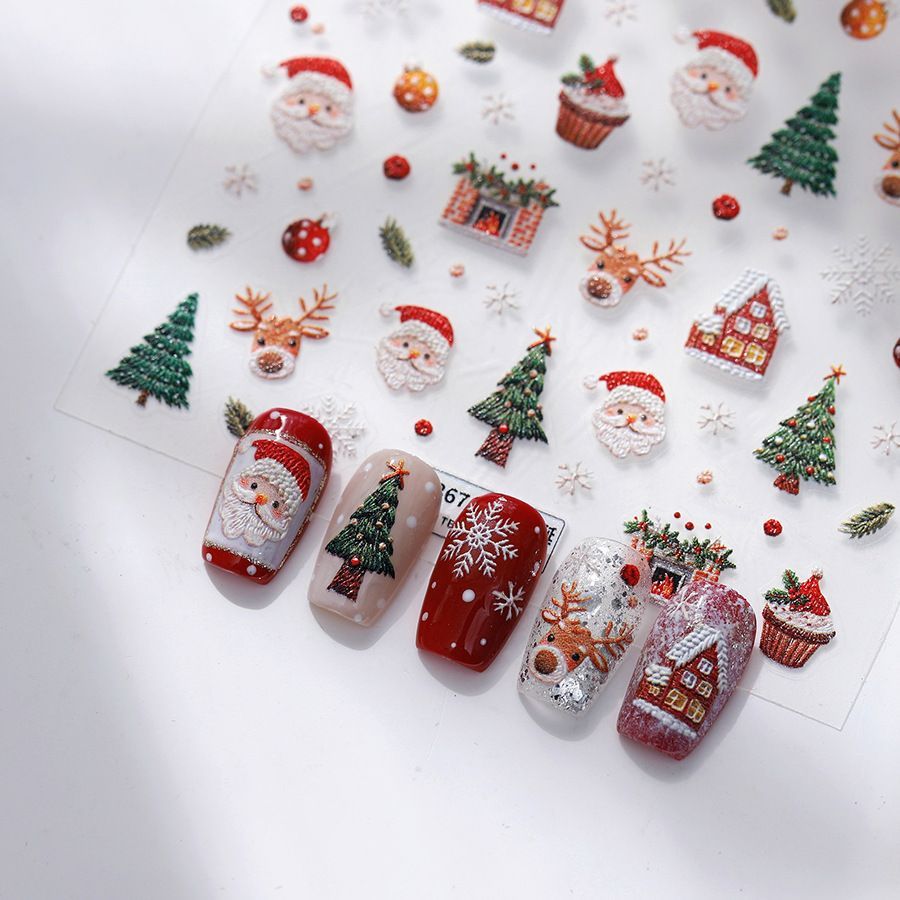New Christmas Embossed Nail Stickers with Cute Elk, Gingerbread Man and Snowman Patterns
