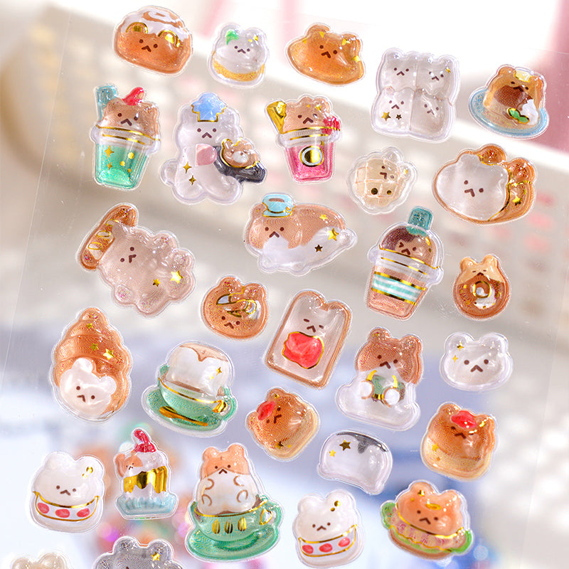 Adorable warm food party-themed 3D epoxy stickers featuring cute creatures. Perfect for decorating phone cases, laptops, and DIY crafts. Kawaii food character decals.