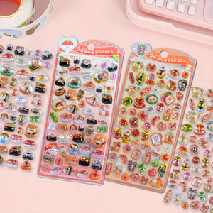 Adorable 3D epoxy stickers featuring warm food-themed cute creatures. Perfect for decorating phone cases, laptops, and crafts. High-quality kawaii character decals.