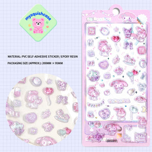 Adorable My Melody dreamy sweetheart themed 3D epoxy stickers perfect for DIY phone cases and crafts. High-quality self-adhesive kawaii Sanrio stickers!