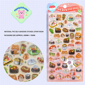 Adorable Japanese sushi-themed 3D epoxy stickers featuring cute creatures. Perfect for decorating phone cases, laptops, and DIY crafts. High-quality kawaii food character decals.