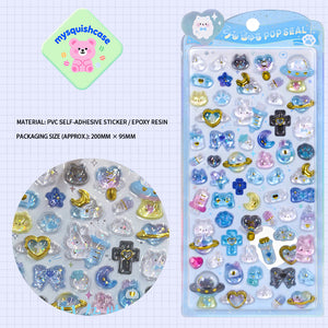 Stunning iridescent space-themed 3D epoxy stickers featuring adorable creatures. Perfect for decorating phone cases, laptops, and crafts. Holographic kawaii galaxy character decals.