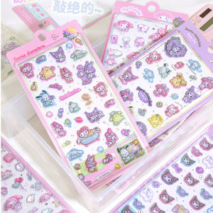 Playful 3D epoxy Sanrio character stickers perfect for DIY phone cases and crafts. High-quality self-adhesive kawaii stickers add whimsical cuteness to projects!