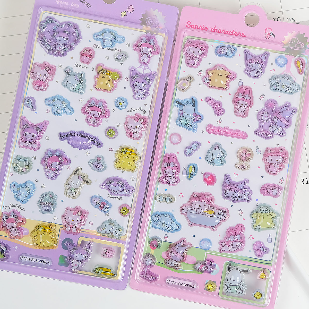 Playful 3D epoxy Sanrio character stickers perfect for DIY phone cases and crafts. High-quality self-adhesive kawaii stickers add whimsical cuteness to projects!