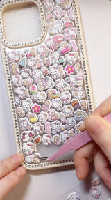 Adorable handmade Hello Kitty and bling frame collage clear iPhone case. Unique kawaii Sanrio design featuring 3D epoxy stickers. Premium custom phone case for Hello Kitty fans.