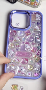 Adorable handmade Hello Kitty purple 3D clear iPhone case. Unique kawaii Sanrio design featuring 3D epoxy stickers. Premium quality custom phone case for Hello Kitty fans.
