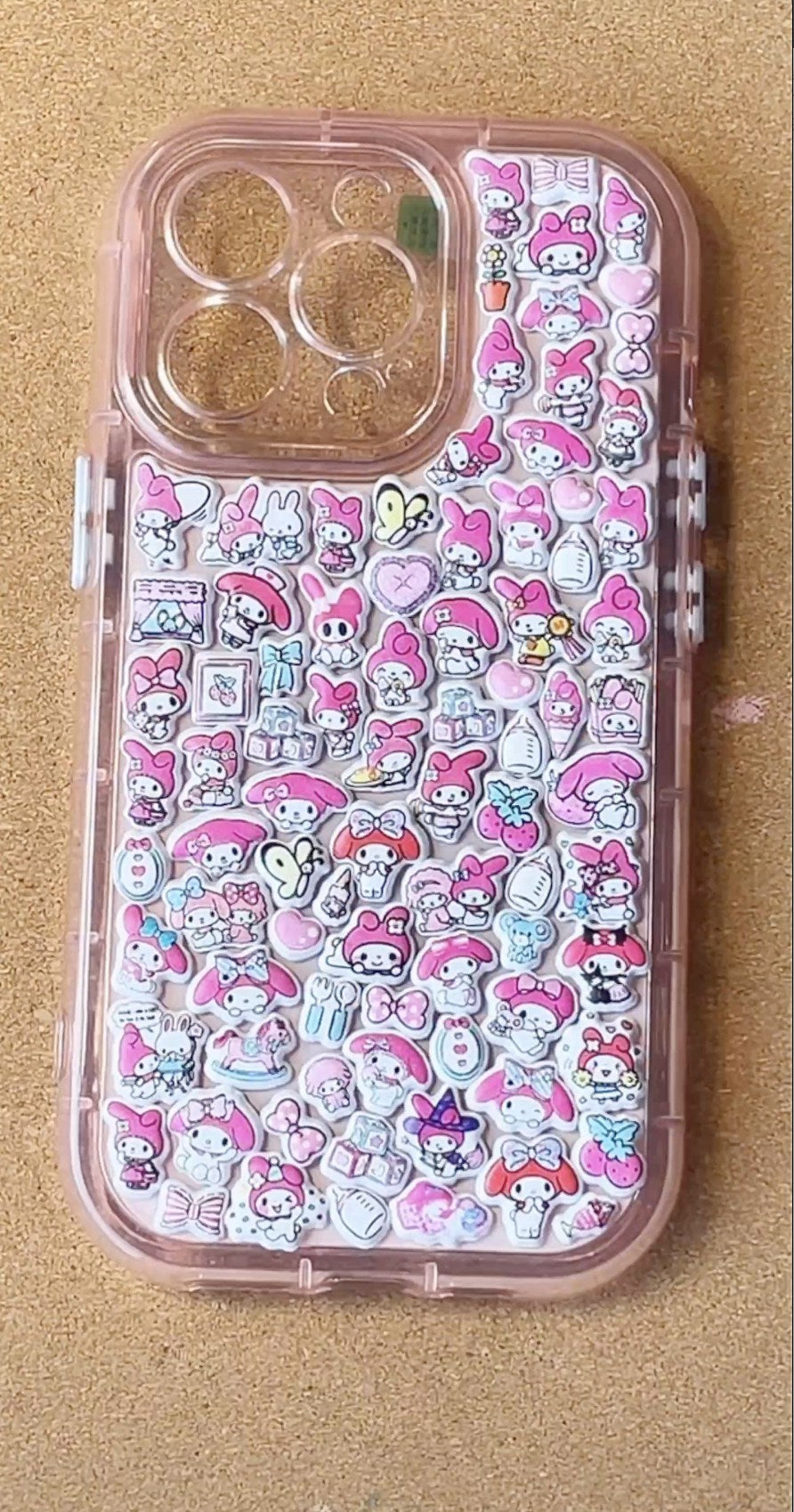 Adorable handmade My Melody pink 3D clear iPhone case. Unique kawaii Sanrio design featuring 3D epoxy stickers. Premium quality custom phone case for My Melody fans.