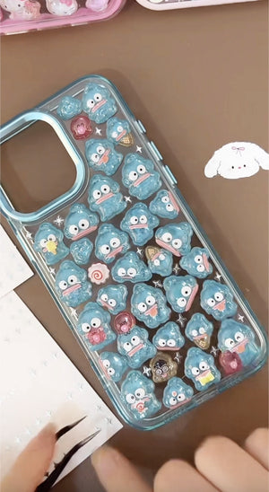 Adorable handmade blue ducky 3D clear iPhone case. Unique kawaii design featuring cute duck stickers. Premium quality custom phone case for kawaii lovers.