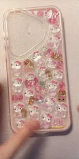 Adorable handmade pink Hello Kitty pearl 3D clear iPhone case. Unique kawaii Sanrio design featuring 3D epoxy stickers with pearl accents. Premium custom phone case for Hello Kitty fans.
