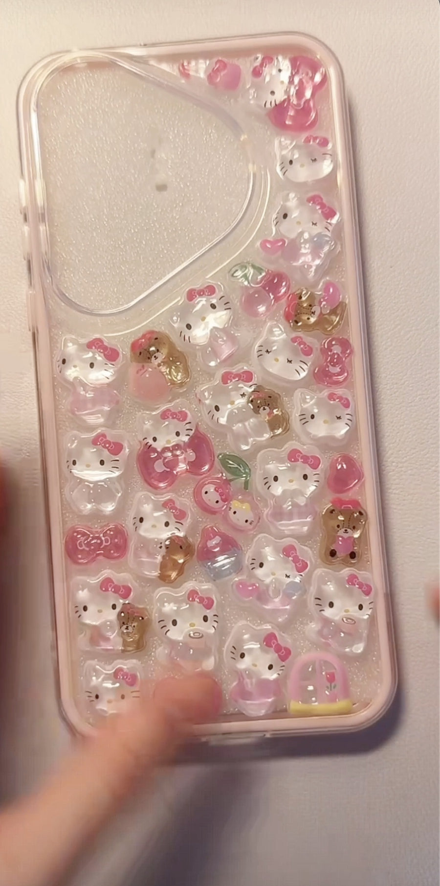 Adorable handmade pink Hello Kitty pearl 3D clear iPhone case. Unique kawaii Sanrio design featuring 3D epoxy stickers with pearl accents. Premium custom phone case for Hello Kitty fans.