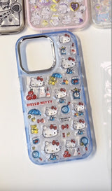 Adorable handmade Hello Kitty blue clear iPhone case. Unique kawaii Sanrio design featuring 3D epoxy stickers. Premium quality custom phone case for Hello Kitty fans.