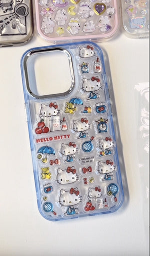 Adorable handmade Hello Kitty blue clear iPhone case. Unique kawaii Sanrio design featuring 3D epoxy stickers. Premium quality custom phone case for Hello Kitty fans.
