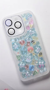 Adorable handmade Hangyodon bubble 3D clear iPhone case. Unique kawaii Sanrio design featuring cute Hangyodon and bubble stickers. Premium custom phone case for Sanrio fans.