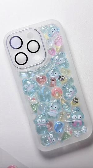 Adorable handmade Hangyodon bubble 3D clear iPhone case. Unique kawaii Sanrio design featuring cute Hangyodon and bubble stickers. Premium custom phone case for Sanrio fans.