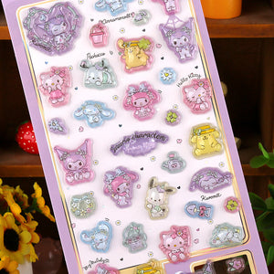 Playful 3D epoxy Sanrio character stickers perfect for DIY phone cases and crafts. High-quality self-adhesive kawaii stickers add whimsical cuteness to projects!