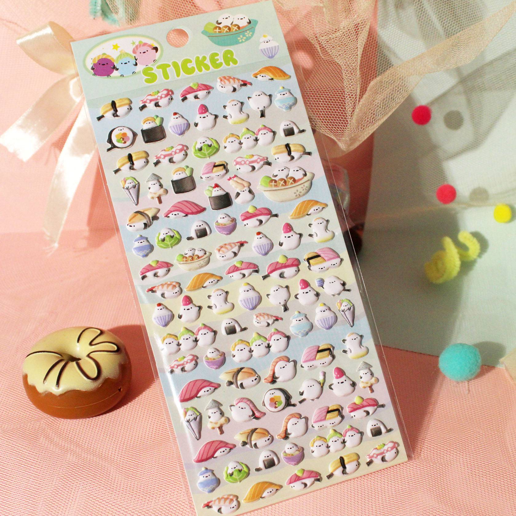 Adorable sushi-themed 3D bubble gum stickers with cute creature party designs. Perfect for decorating phone cases, laptops & journals. Soft rubber kawaii stickers.