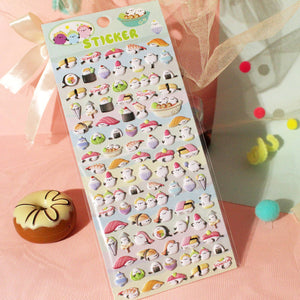 Adorable sushi-themed 3D bubble gum stickers with cute creature party designs. Perfect for decorating phone cases, laptops & journals. Soft rubber kawaii stickers.
