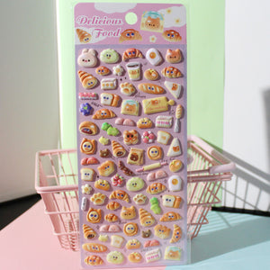 Adorable baking-themed 3D epoxy stickers featuring cute creatures and food. Perfect for decorating phone cases, laptops, and crafts. Kawaii bakery character decals.