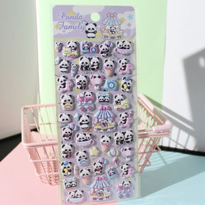 Adorable amusement park panda family-themed 3D epoxy stickers. Perfect for decorating phone cases, laptops, and crafts. Kawaii panda animal character decals.