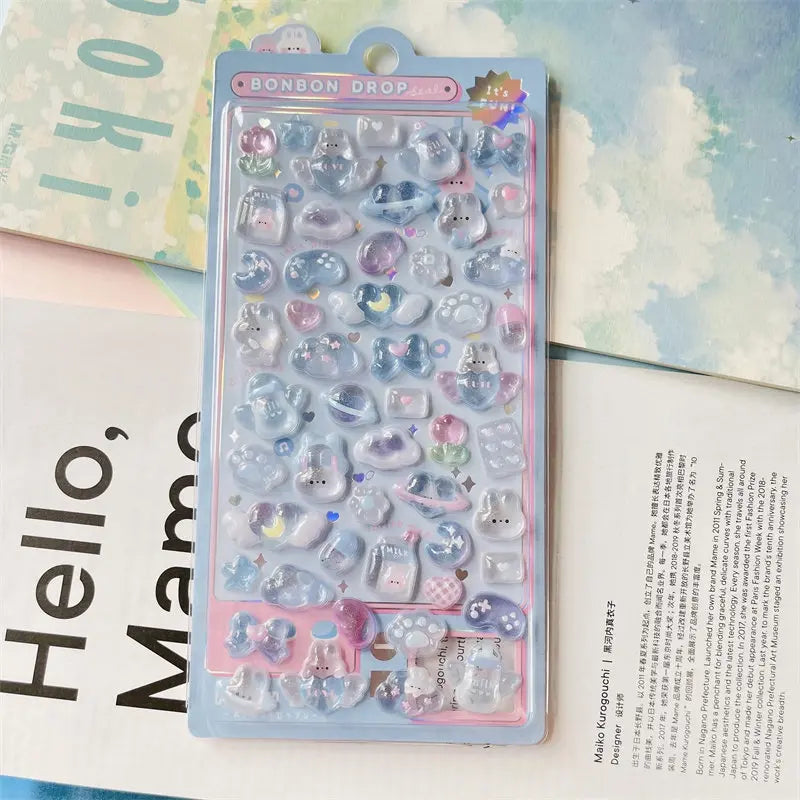 Bonbon Drop cute kawaii sticker sheet with glossy jelly-style pastel purple-pink rabbit, moon, and celestial character designs, ideal for DIY phone case decoration.