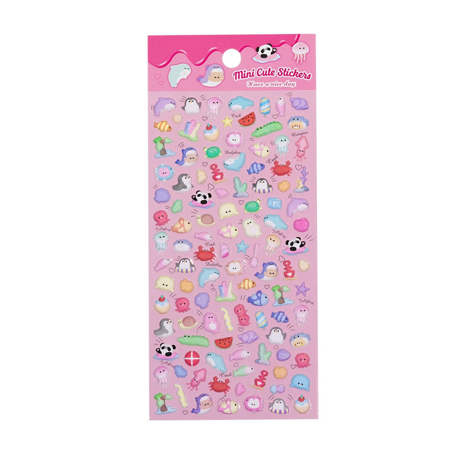 Adorable marine party-themed 3D bubble gum stickers featuring cute creatures. Perfect for decorating phone cases, laptops, and crafts. Kawaii ocean character decals.