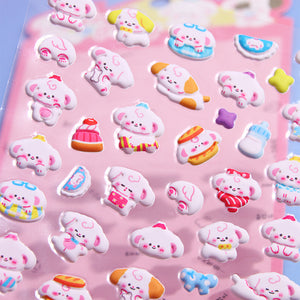 Adorable lovely puppy family-themed 3D epoxy stickers. Perfect for decorating phone cases, laptops, and DIY crafts. Cute kawaii dog animal character decals.