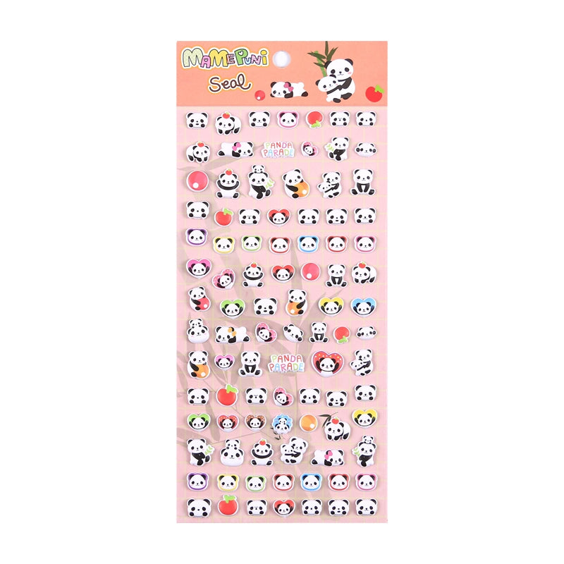 Adorable panda parade-themed 3D bubble gum stickers featuring cute creatures. Perfect for decorating phone cases, laptops, and crafts. Kawaii panda animal character decals.