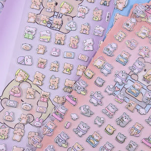 Close-up of 3D puffy "Animal Park" stickers, featuring cute light brown bears and grey bears in daily life scenes, self-adhesive PVC epoxy stickers