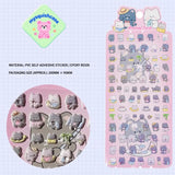 Product display of "Animal Park" cat themed 3D puffy sticker sheet, including material (PVC/epoxy resin) and packaging size (200mm×95mm), cute kawaii stickers for phone case decoration

