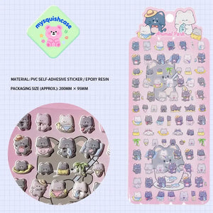 Product display of "Animal Park" cat themed 3D puffy sticker sheet, including material (PVC/epoxy resin) and packaging size (200mm×95mm), cute kawaii stickers for phone case decoration
