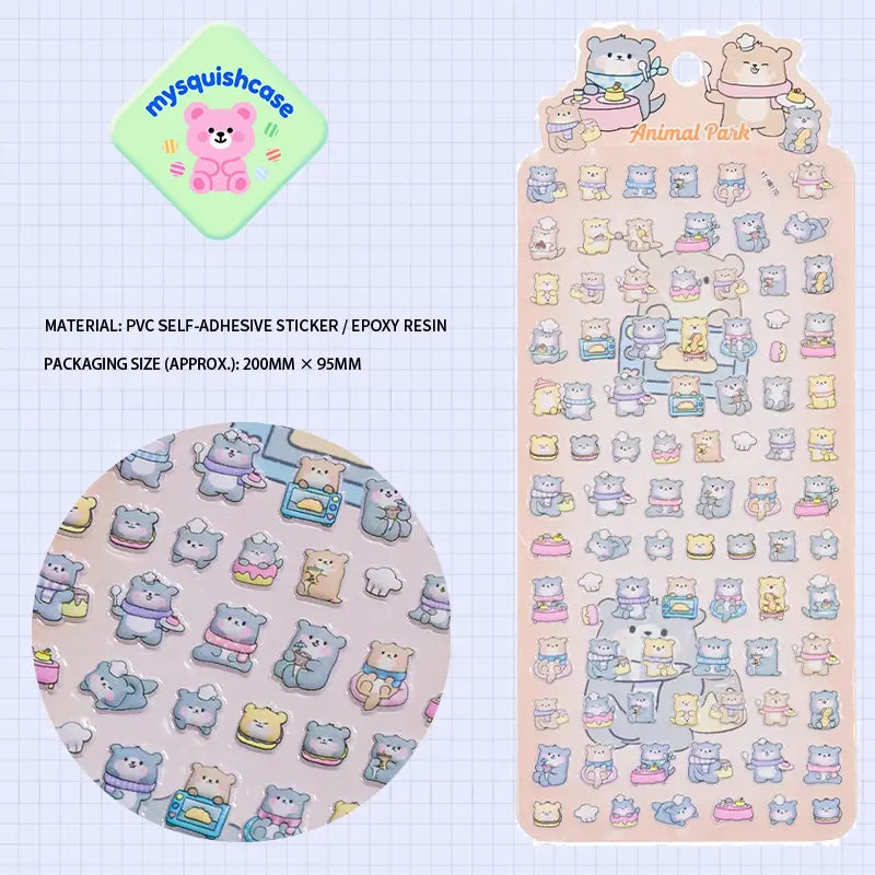 Product display of "Animal Park" grey bear themed 3D puffy sticker sheet, including material (PVC/epoxy resin) and packaging size (200mm×95mm), cute kawaii stickers for DIY crafts