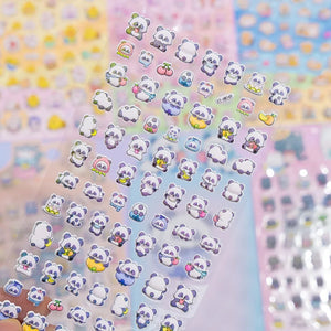 Close-up of 3D puffy "Animal Park" panda stickers, highlighting cute pandas with fruit and daily life elements, self-adhesive PVC stickers
