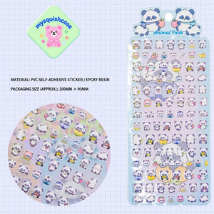Product display of "Animal Park" panda themed 3D puffy sticker sheet, including material (PVC/epoxy resin) and packaging size (200mm×95mm), cute kawaii stickers for phone case decoration
