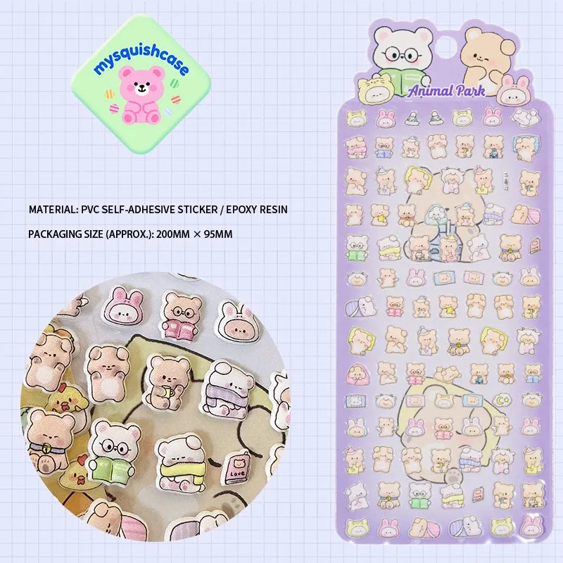 Product display of "Animal Park" themed 3D puffy sticker sheet, including material (PVC/epoxy resin) and packaging size (200mm×95mm), cute kawaii stickers for DIY crafts
