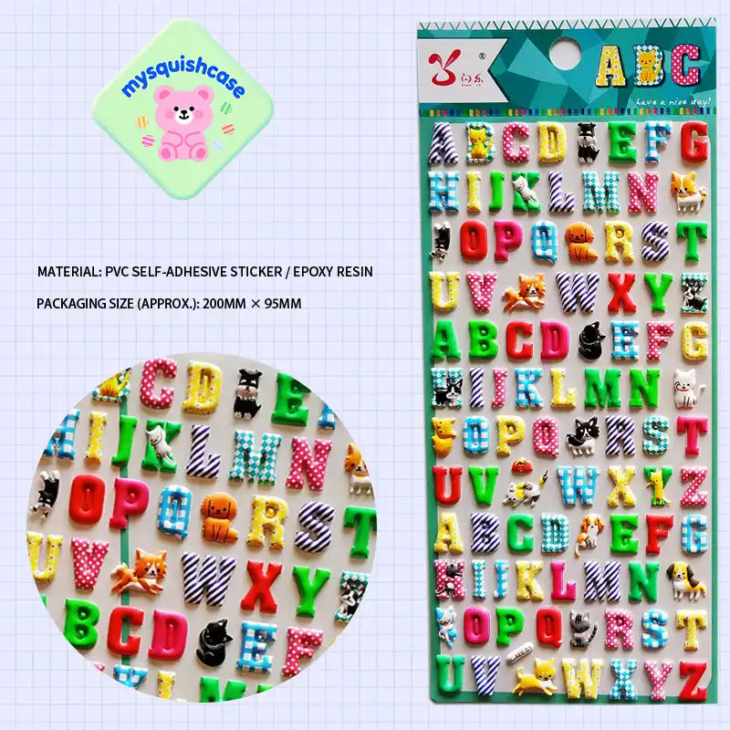 3D alphabet sticker sheet with cute animal decorations (cat, dog, fox, etc.), featuring colorful patterned A-Z letters for DIY phone case.