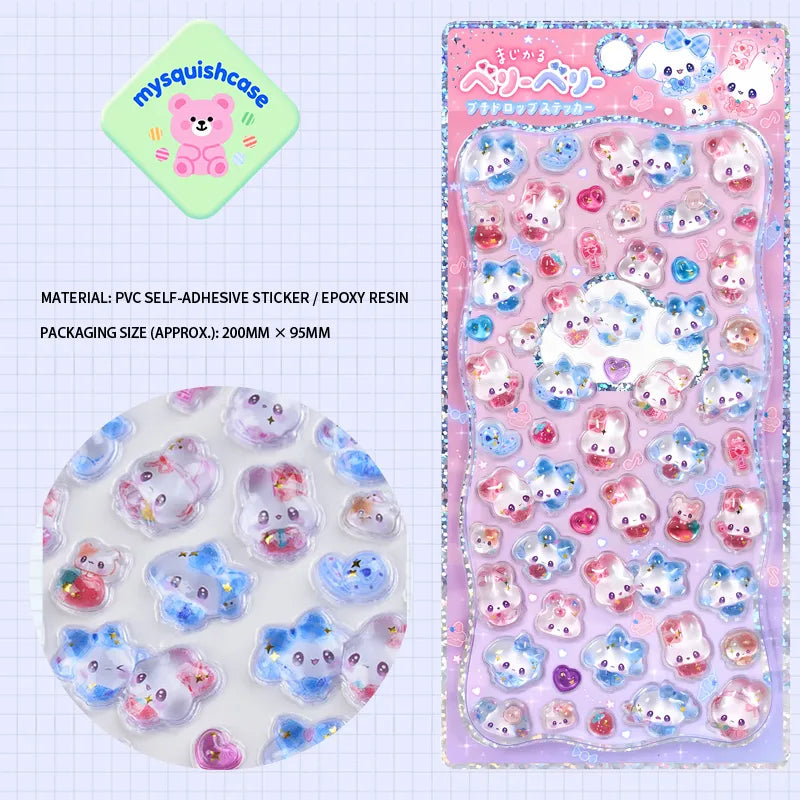 Product display of "Berry Berry" themed 3D crystal puffy sticker sheet, including material (PVC/epoxy resin) and packaging size (200mm×95mm), cute kawaii stickers for planner decoration
