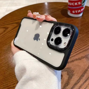 Clear DIY phone case for iPhone with black protective frame and transparent back panel, featuring raised camera protection, ready for sticker decoration.
