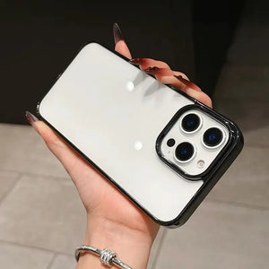 Clear DIY phone case for iPhone with black protective frame and transparent back panel, featuring raised camera protection, ready for sticker decoration.